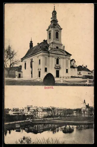 AK Dobris, Ansicht der Kirche, Ortsansicht mit See