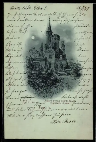 Mondschein-AK Teplitz-Schönau, Kaiser Franz Josefs-Warte