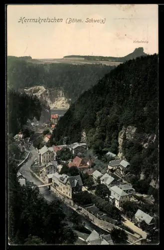 AK Herrnskretschen-Hrensko, Ortsansicht mit Zirkelstein