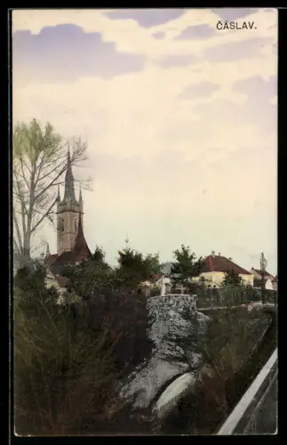 AK Cáslav, Teilansicht mit Kirchturm