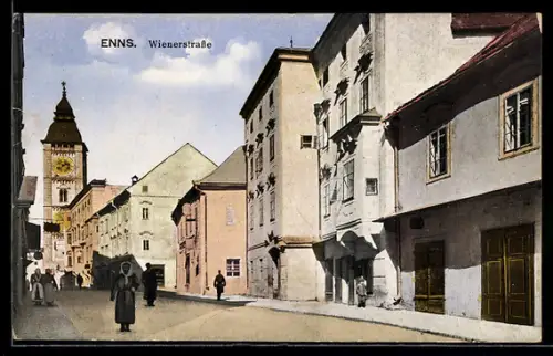 AK Enns, Wienerstrasse mit Turm