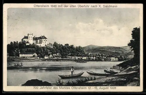 AK Ottensheim, Ortspanorama 1848 mit Schloss und alter Überfuhr, 700-Jahrfeier 1928