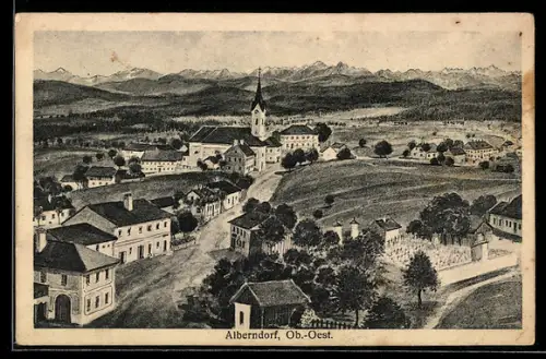 Künstler-AK Alberndorf /Ob. Öst., Totalansicht mit Kirche u. Alpenpanorama