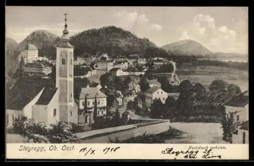 AK Steyregg /Ob. Oest., Ortsansicht mit Kirche u. Bergpanorama