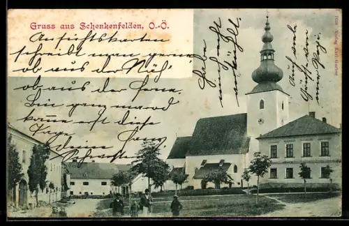 AK Schenkenfelden /O.-Ö., Platz-Panorama mit Kirche