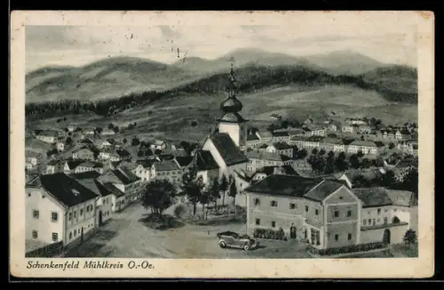Künstler-AK Schenkenfelden /Mühlkreis, Panorama mit Ort u. Kirche