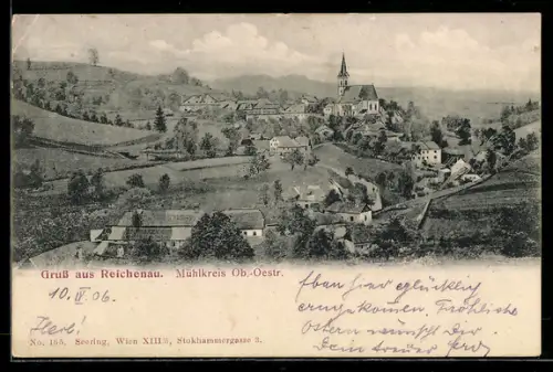 AK Reichenau /Mühlkreis, Ortspanorama mit Kirche aus der Vogelschau