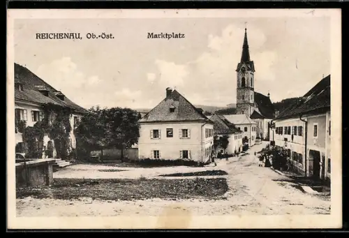 AK Reichenau /Ob.-Öst., Marktplatz mit Kirche