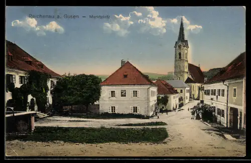 AK Reichenau a. Gusen, Marktplatz m. Brunnen u. Kirche