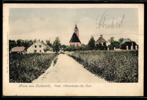 AK Goldwörth /Ob. Öst., Ortsansicht mit Kirche u. Landstrasse