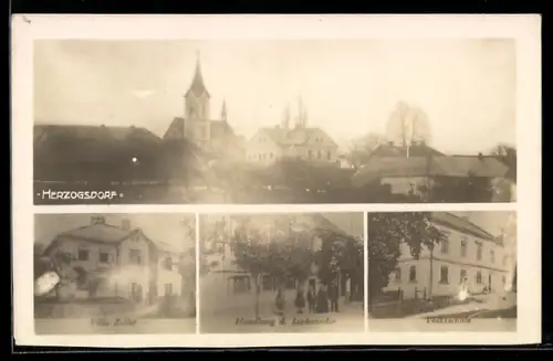 AK Herzogsdorf, Handlung Luckeneder, Ortspanorama mit Kirche, Villa Zeller, Volksschule