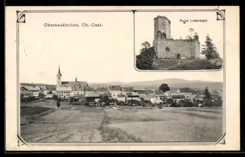 AK Oberneukirchen /Ob. Öst., Ortspanorama mit Kirche, Ruine Lobenstein