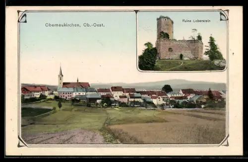 AK Oberneukirchen /Ob. Öst., Ortspanorama mit Kirche und Feldern, Ruine Lobenstein