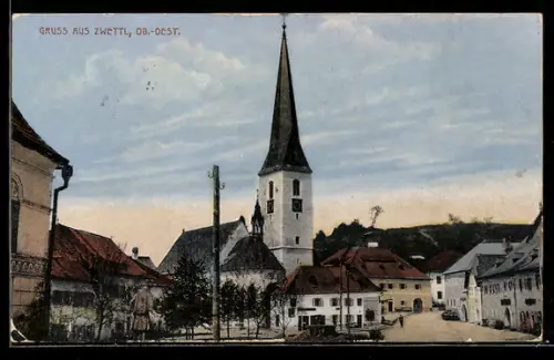 AK Zwettl /Ob. Öst., Kirche und Ortsplatz, Panorama