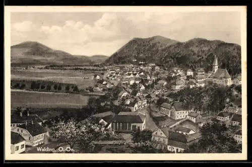Künstler-AK Walding /Ob. Öst., Gesamtansicht mit Bergpanorama aus der Vogelschau