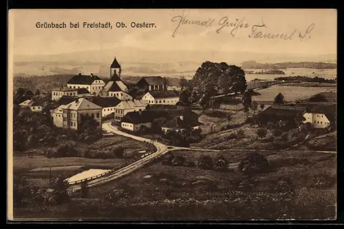 AK Grünbach bei Freistadt, Gesamtansicht mit Kirche aus der Vogelschau