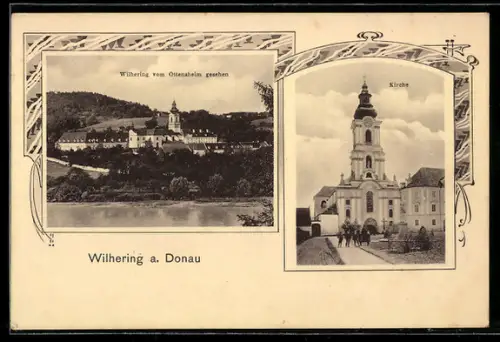 AK Wilhering a. Donau, Kirche und Ortsansicht mit Donau, Schmuckrahmen