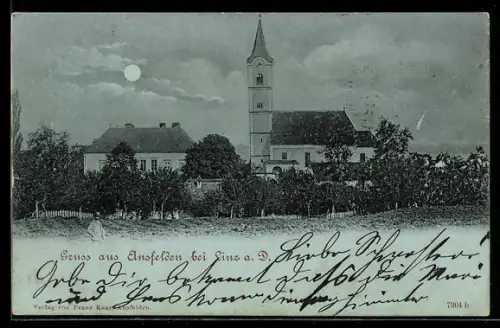 Mondschein-AK Ansfelden bei Linz, Kirche und Nachbargebäude, Panorama