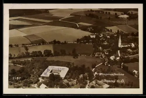 AK Allhaming /O.-Ö., Ortsansicht vom Flugzeug aus, Felder, Gebäude mit Innenhof
