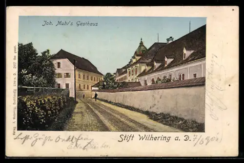 AK Stift Wilhering a. D., Gasthaus Joh. Muhr, Klosteranlage, goldene Fenster