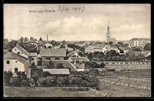 AK Traun, Teilansicht mit Kirche aus der Vogelschau, Garben
