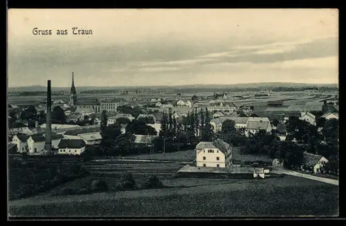 AK Traun, Ortspanorama mit Fabrikschornstein und Kirche