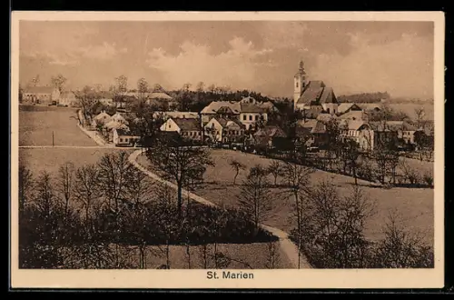 AK St. Marien, Gesamtansicht mit Kirche u. Wiesen