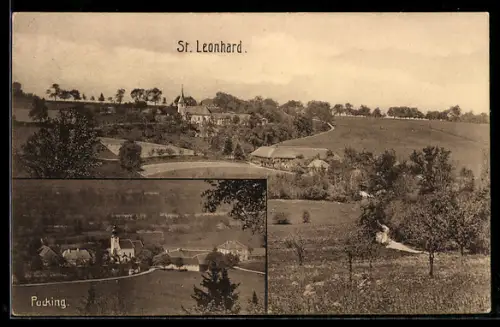AK St. Leonhard, Panorama mit Kirche und Ort, Ortsansicht Pucking