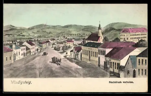 Künstler-AK Windigsteig, Ortsansicht mit Kirche und Hauptstrasse
