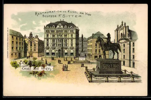 Lithographie Wien, Restaurant Kugel am Hof F. Sittler, Platz mit Reiterstandbild