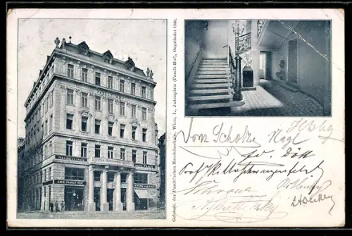 AK Wien, Pazeltsche Handelsschule, Judenplatz mit Café Pazelt-Hof, Innenansicht des Treppenhauses