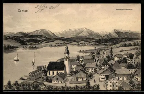 Künstler-AK Seeham am Mattsee, Ortsansicht mit Kirche, Segelbooten u. Bergpanorama