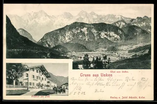AK Unken, Gasthof zur Post, Talansicht mit Gebirgspanorama