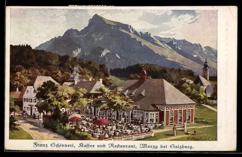 Künstler-AK Morzg bei Salzburg, Kaffee und Restaurant Franz Schinnerl, Kirche, Bergspitze