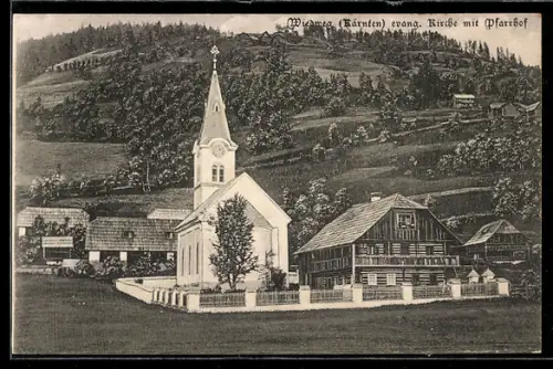 AK Reichenau /Kärnten, Wiedweg, Evangelische Kirche mit Pfarrhof u. Umgebung