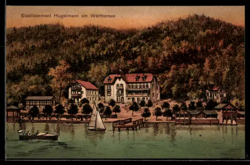 Künstler-AK Dellach am Wörthersee, Pension Hugelmann mit Restaurant und Steg