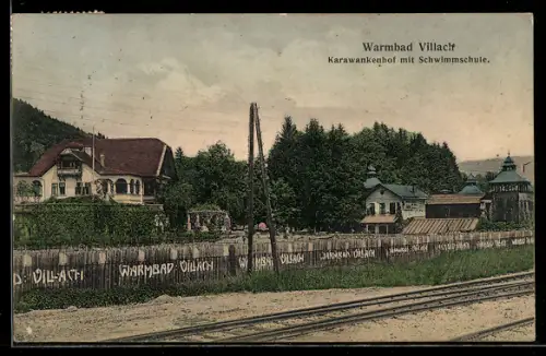 AK Villach, Karawankenhof mit Schwimmschule, Bahnschienen