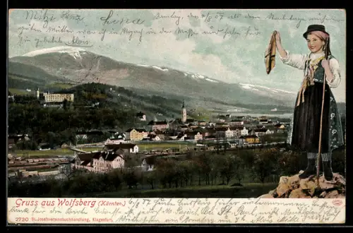 AK Wolfsberg /Kärnten, Gesamtansicht mit Schloss und Kirche, Trachtenmädchen