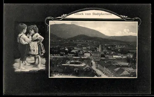 AK Villach, Totalansicht vom Stadtpfarrturm mit Bergpanorama, Kleines Trachtenpaar