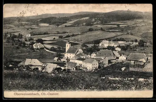 AK Oberweissenbach /Ob. Öst., Gesamtansicht mit Kirche u. Feldern aus der Vogelschau