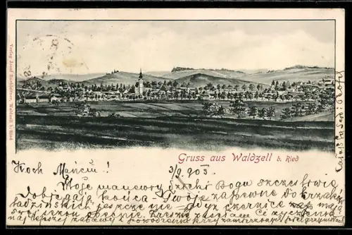 Künstler-AK Waldzell bei Ried, Gesamtansicht mit Kirche u. Bergpanorama
