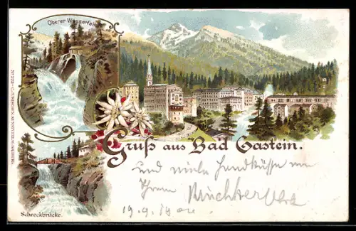 Lithographie Bad Gastein, Schreckbrücke, Oberer Wasserfall, Teilansicht