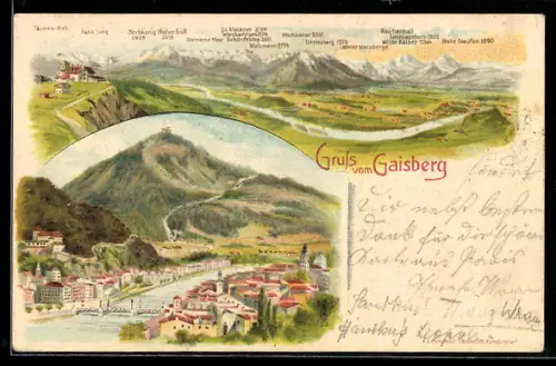 Lithographie Gaisberg, Panoramablick von der Gaisbergspitze
