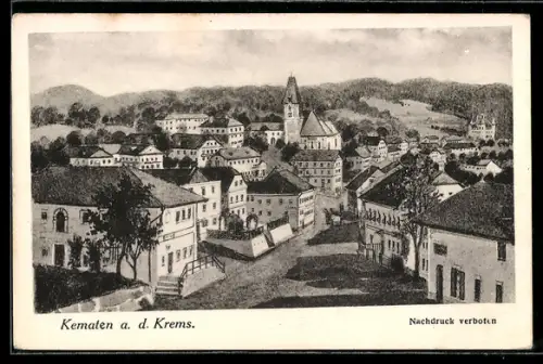 Künstler-AK Kematen a. d. Krems, Strassenpartie mit Kirche