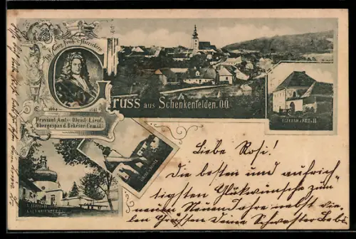 AK Schenkenfelden, Kalvarienberg, Portrait u. Elternhaus des Freiherrn v. Harruckern, Ortsansicht