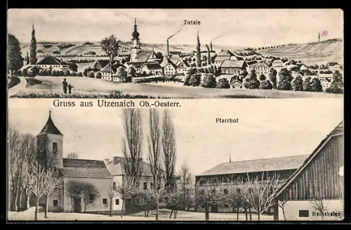 Künstler-AK Utzenaich /Ob.-Oesterr., Totalansicht mit Kirche, Pfarrhof