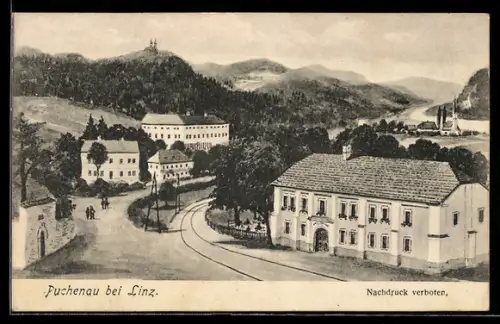 Künstler-AK Puchenau bei Linz, Strassenpartie mit Schloss