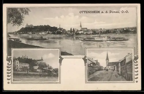 AK Ottensheim /Donau, Strassenansicht mit Kirche, Partie am Ortsrand und Gesamtansicht mit Dampfer
