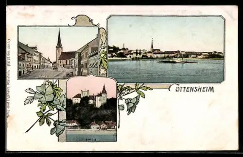 AK Ottensheim, Schloss, Platz mit Kirche, Flusspartie mit Dampfer