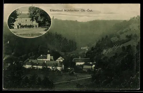 AK Mühllacken /Ob.-Öst., Gasthaus A. Huemer, Ortspartie mit Kirche